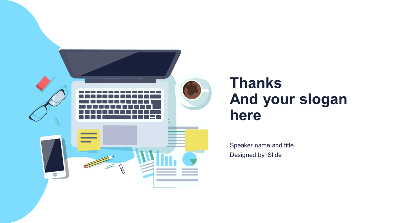 蓝色极简办公插画年终工作汇报PPT模板