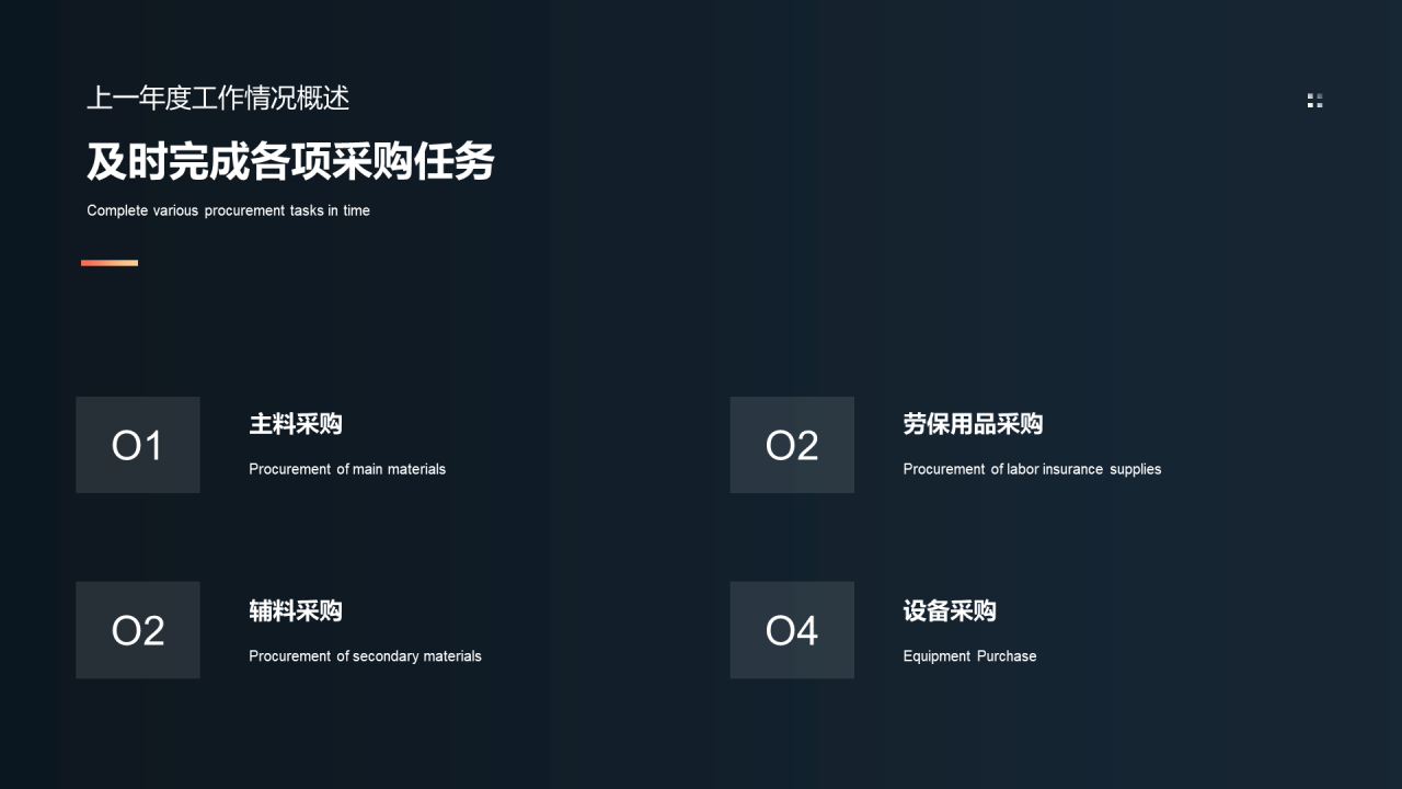深色简约风物资采购工作进度汇报PPT模板