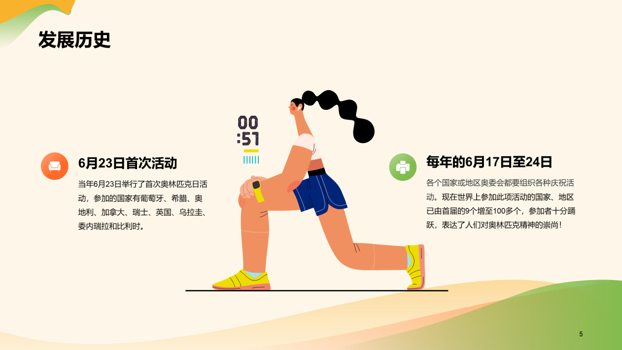 黄绿色插画卡通国际奥林匹克日PPT模板