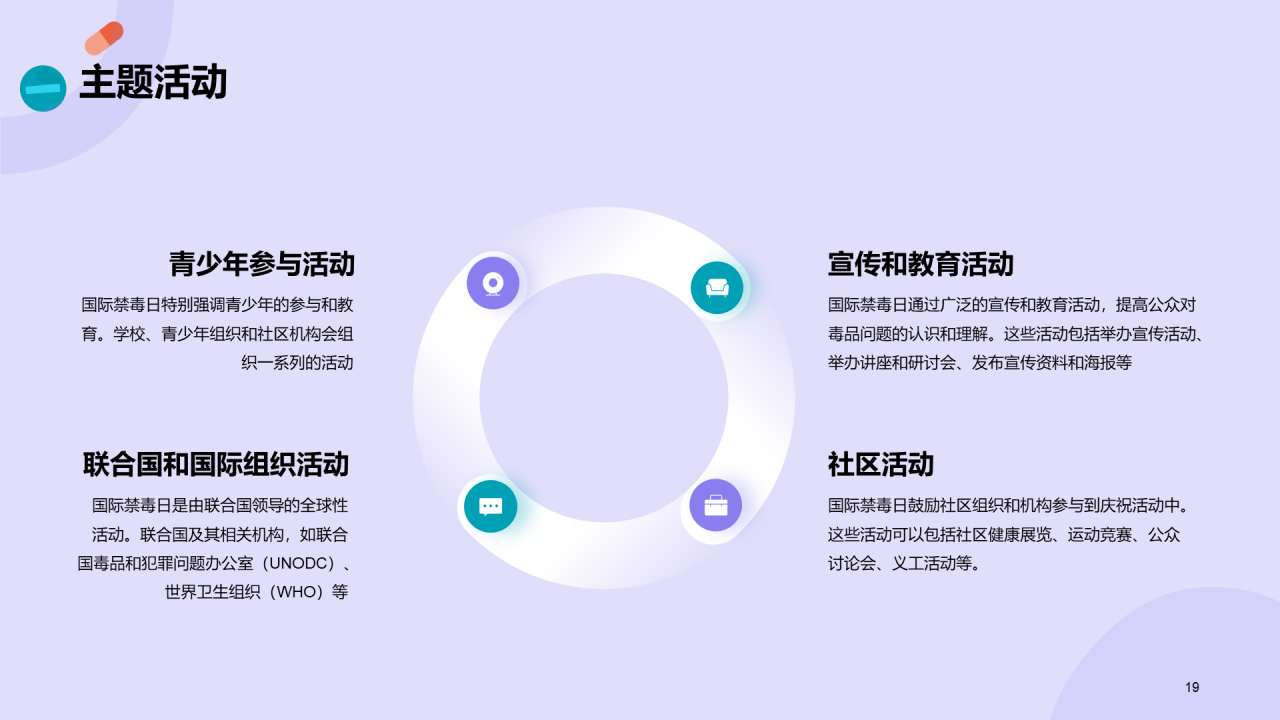 紫色插画卡通国际禁毒日主题科普PPT模板