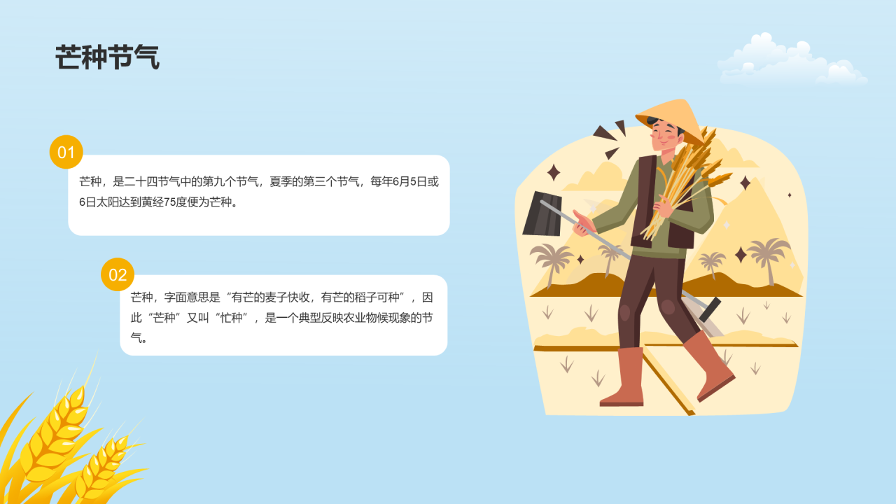 黄色插画二十四节气芒种科普介绍PPT模板