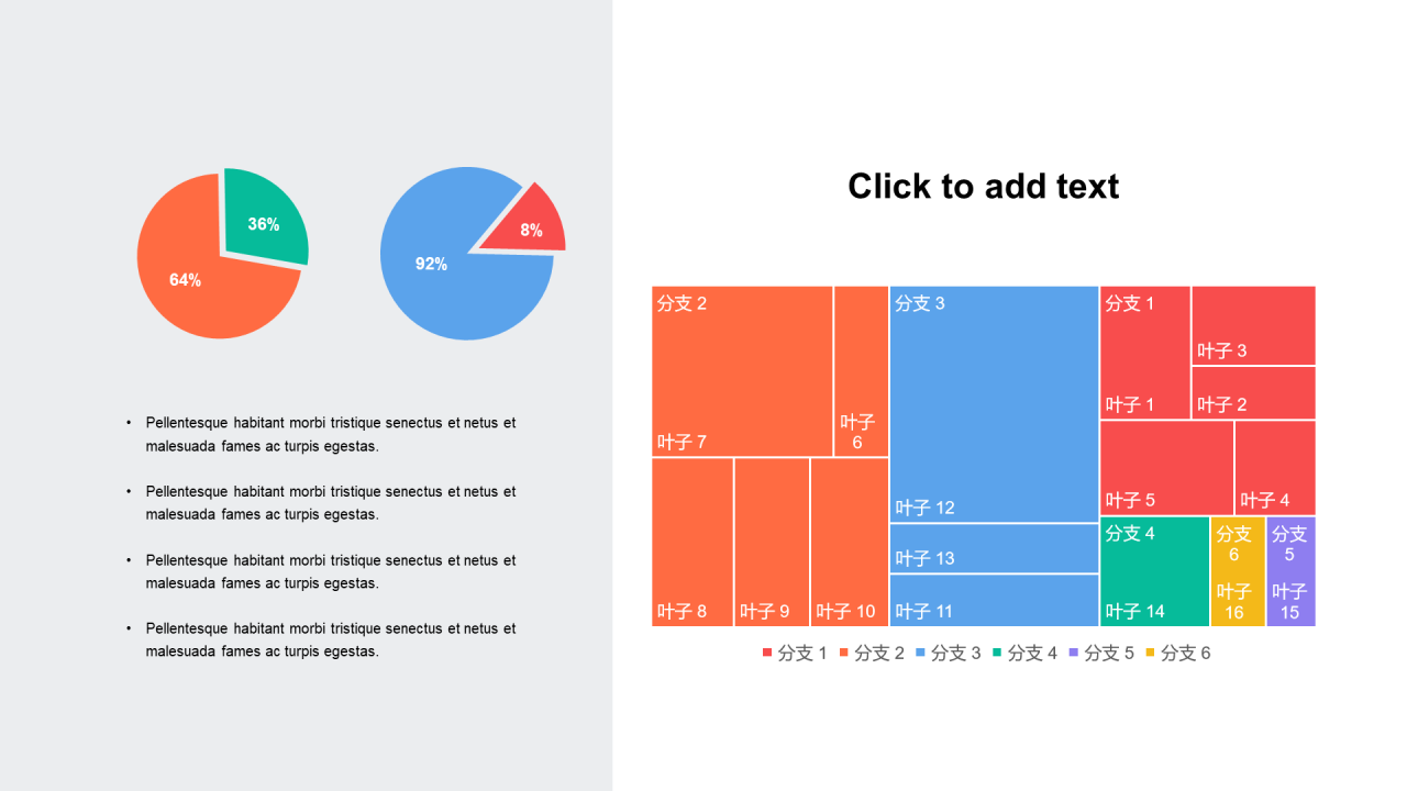 扁平PPT树状图，饼图