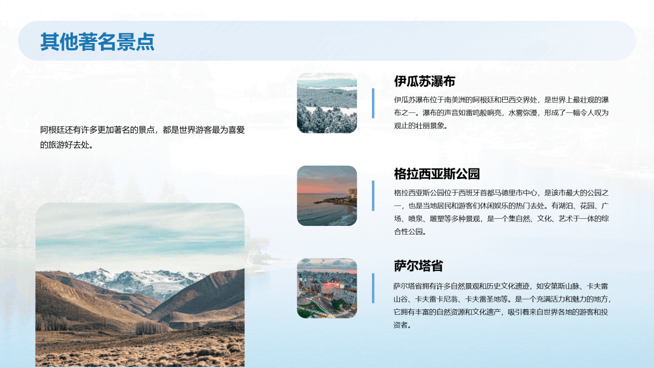 蓝色现代阿根廷旅游相册介绍PPT模板