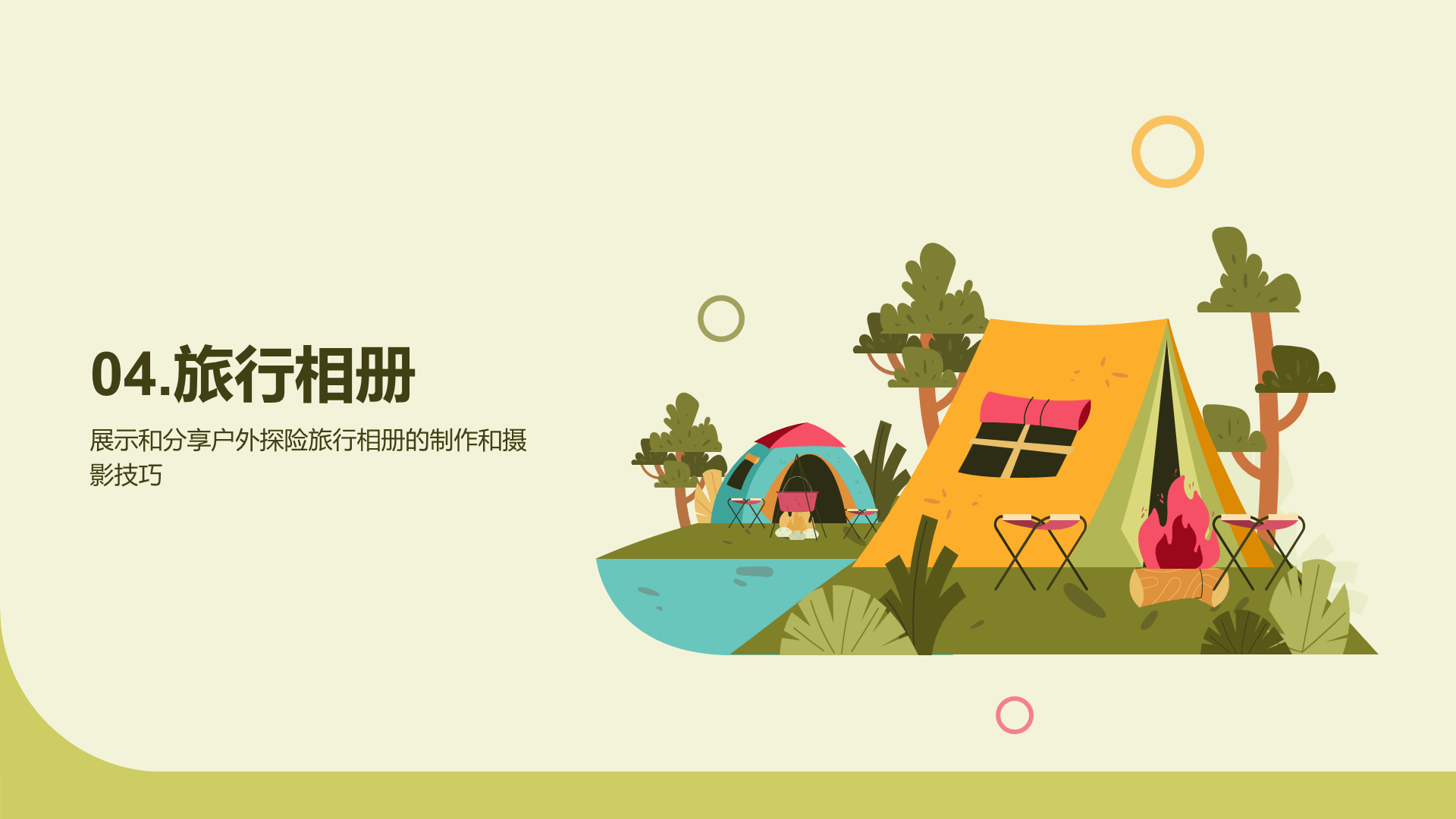 绿色插画卡通户外探险旅行相册PPT模板