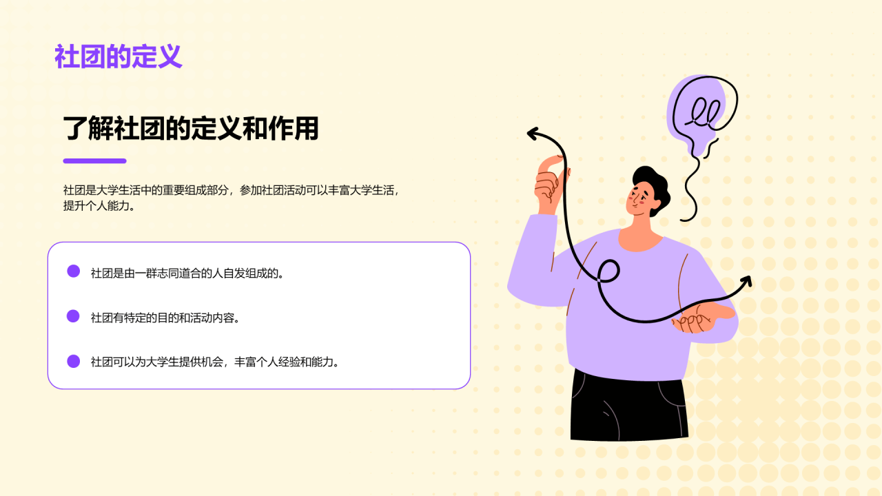 黄色插画大学社团的活动指南PPT模板