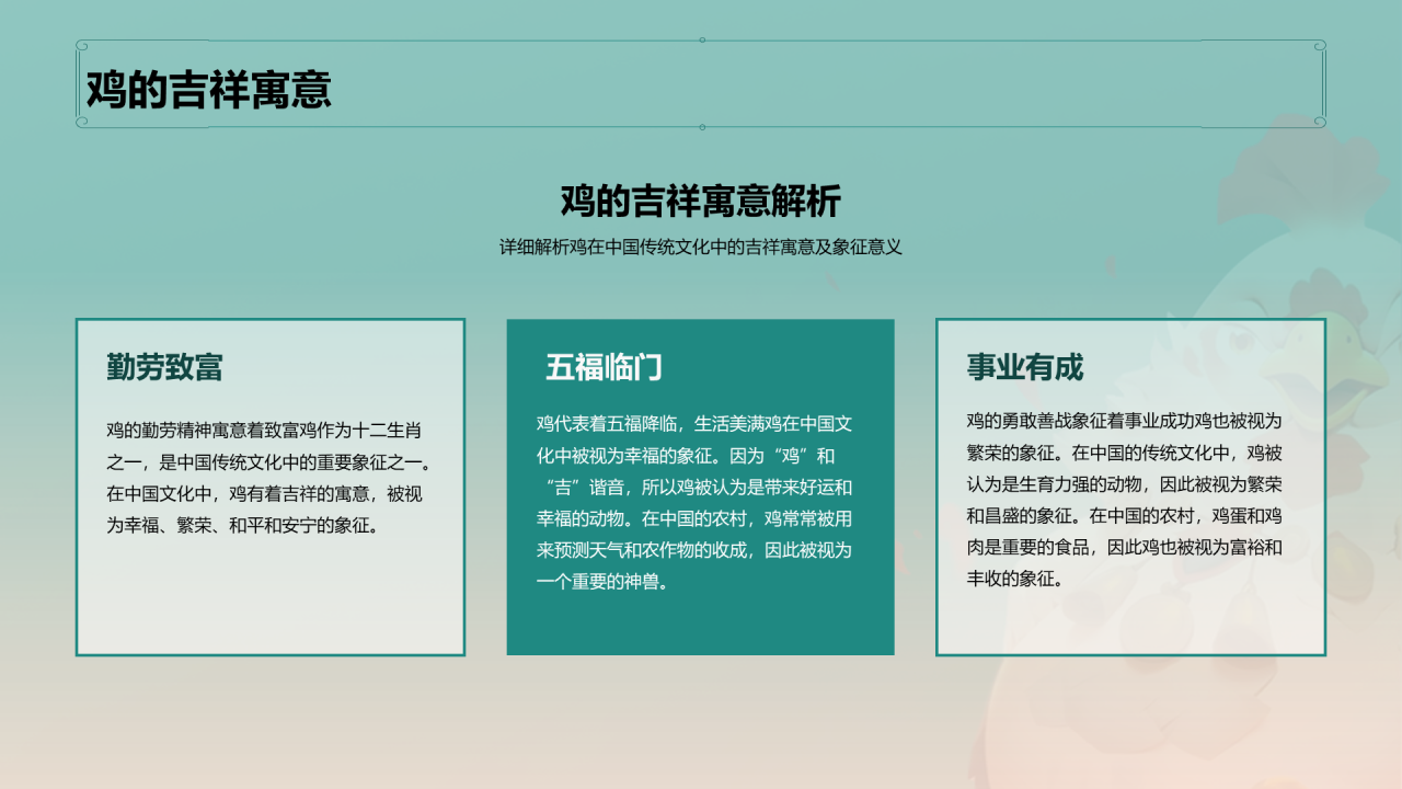 青色中国风生肖鸡文化传承PPT模板