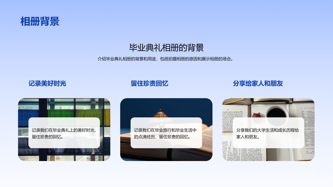 蓝色商务现代大学毕业典礼相册回忆录PPT模板