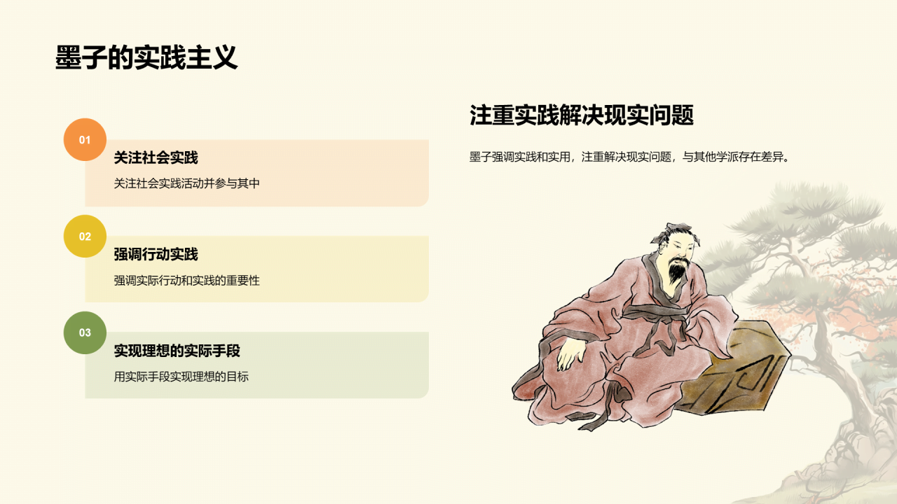 黄色插画墨子与古代劳动者哲学PPT模板