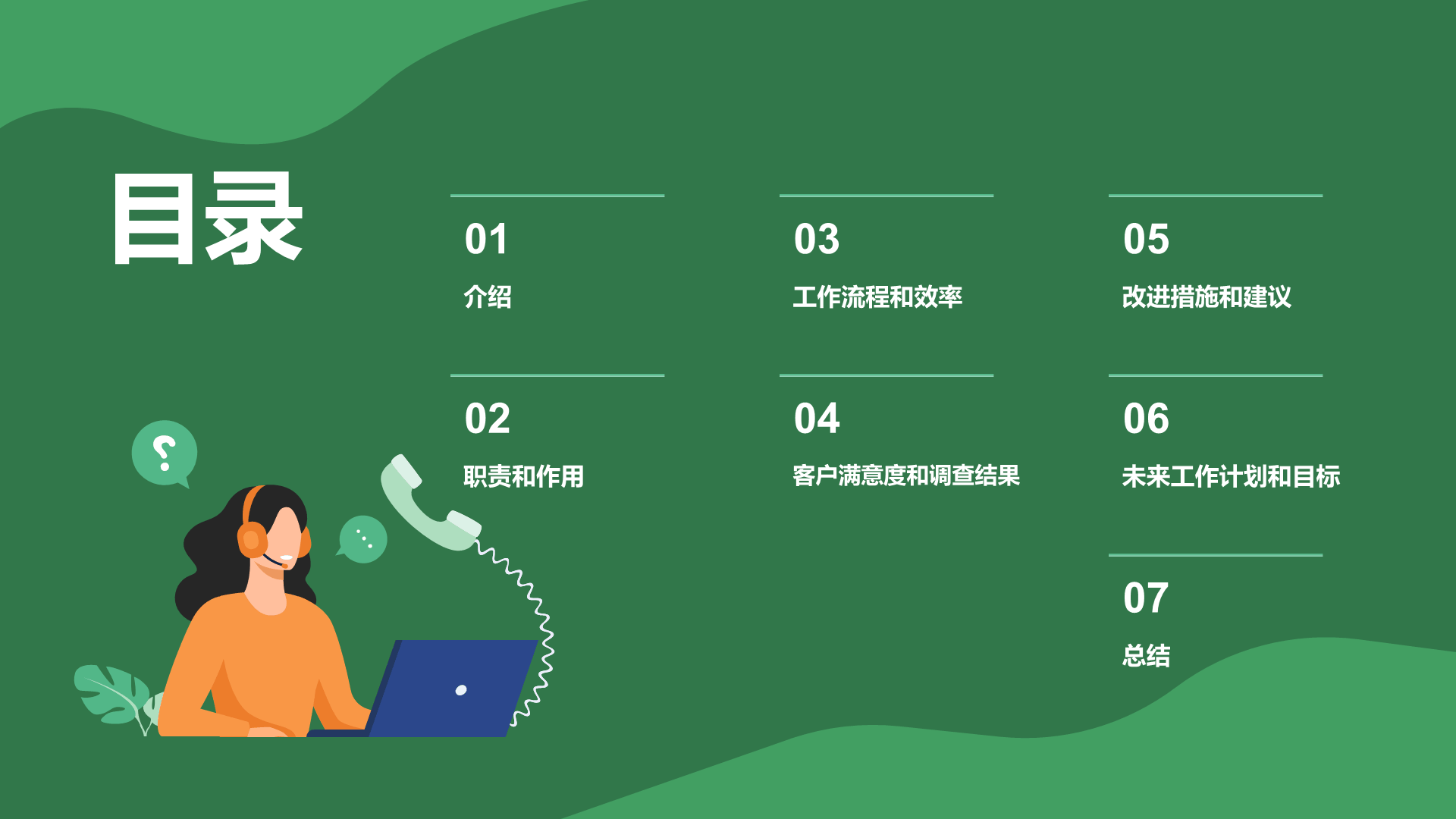 绿色卡通插画客服中心工作总结汇报PPT模板