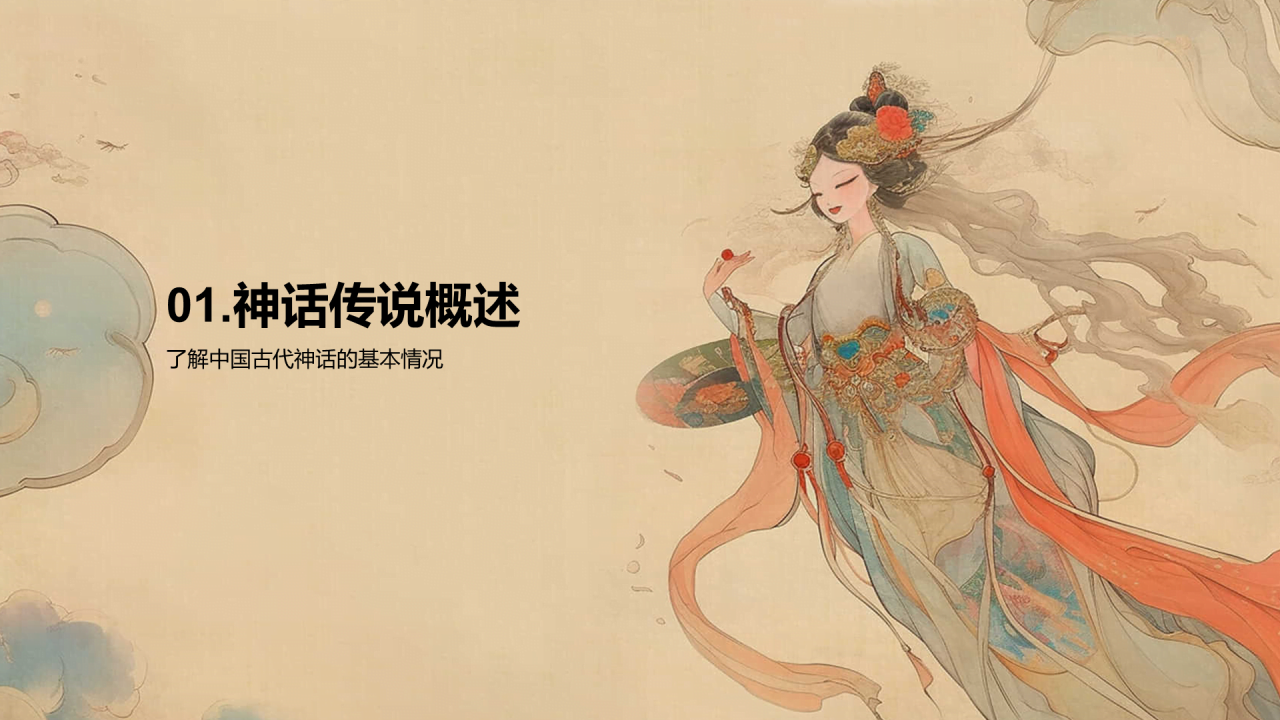 黄色中式复古插画古代神话故事PPT模板