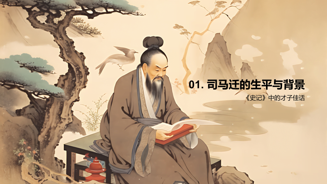 黄色中式国风司马迁人物介绍培训课件PPT模板