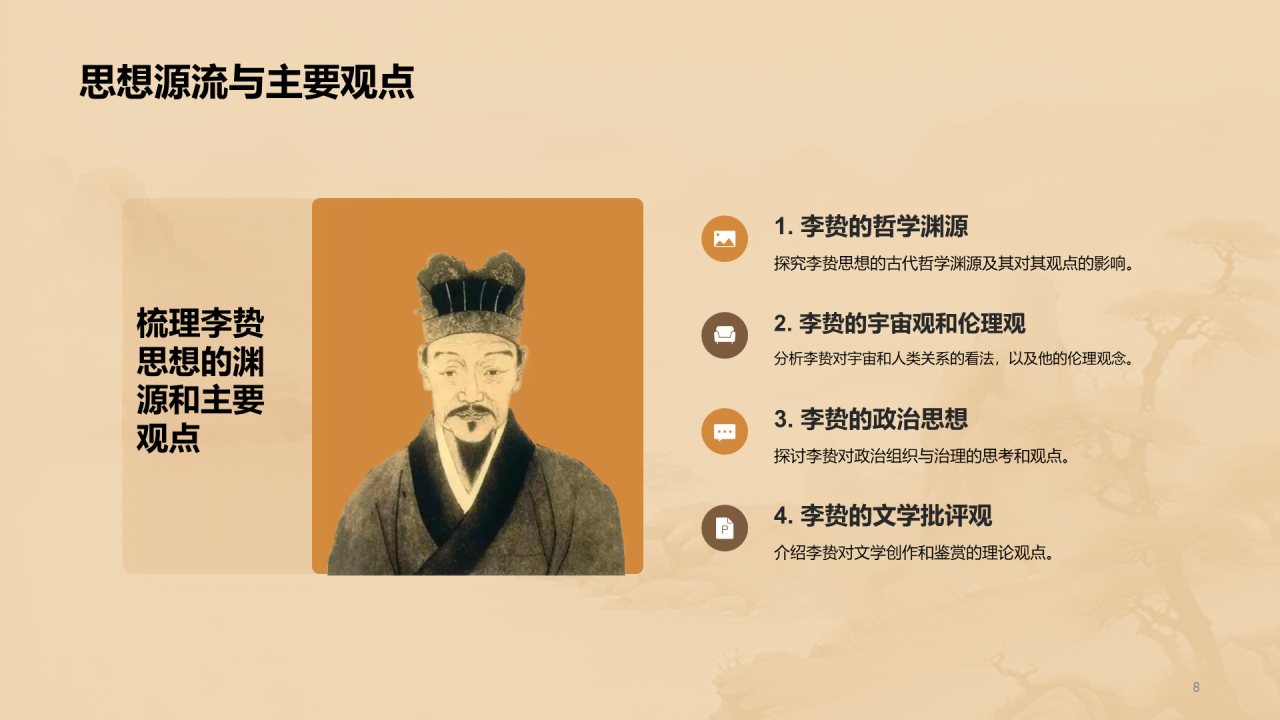 黄色中式国风李贽人物介绍培训课件PPT模板