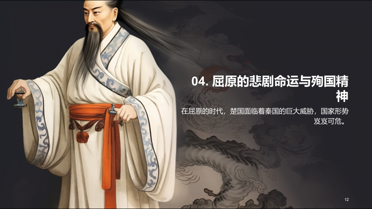 黑色中式国风屈原人物介绍培训课件PPT模板