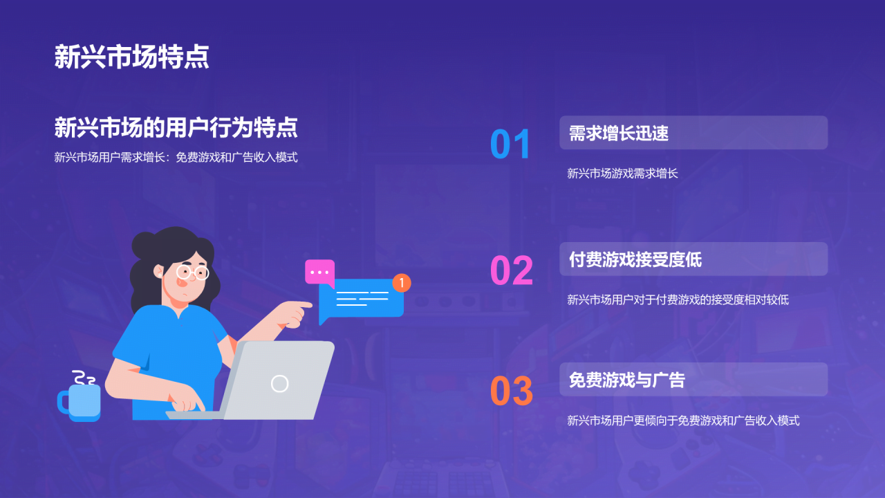 紫色创意插画游戏娱乐行业年终总结PPT模板