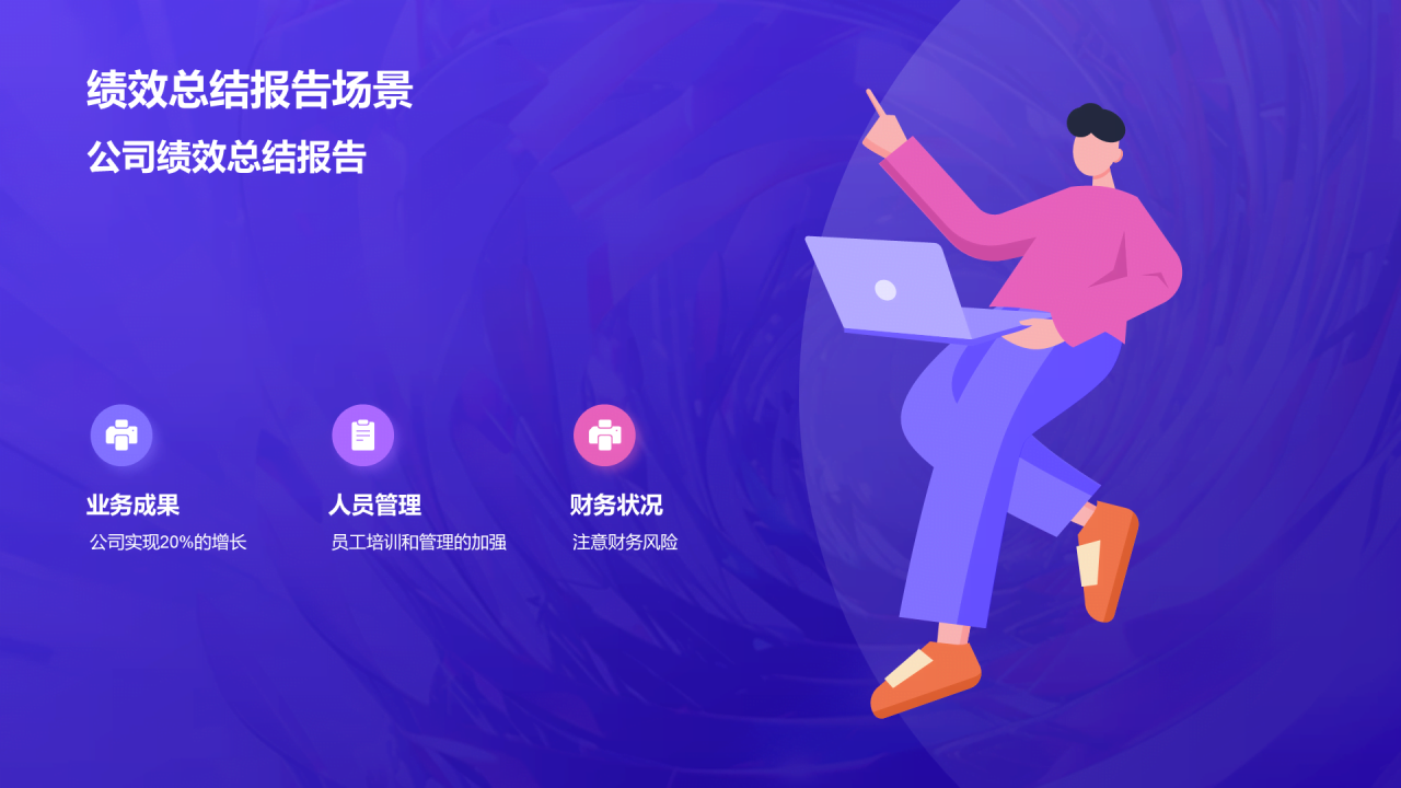 紫色简约扁平年度绩效总结PPT模板
