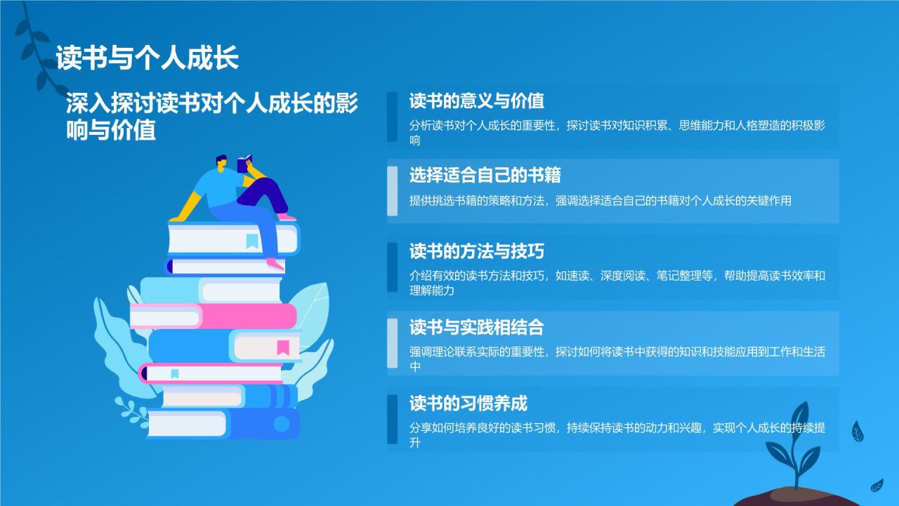 蓝色插画风读书分享PPT模板