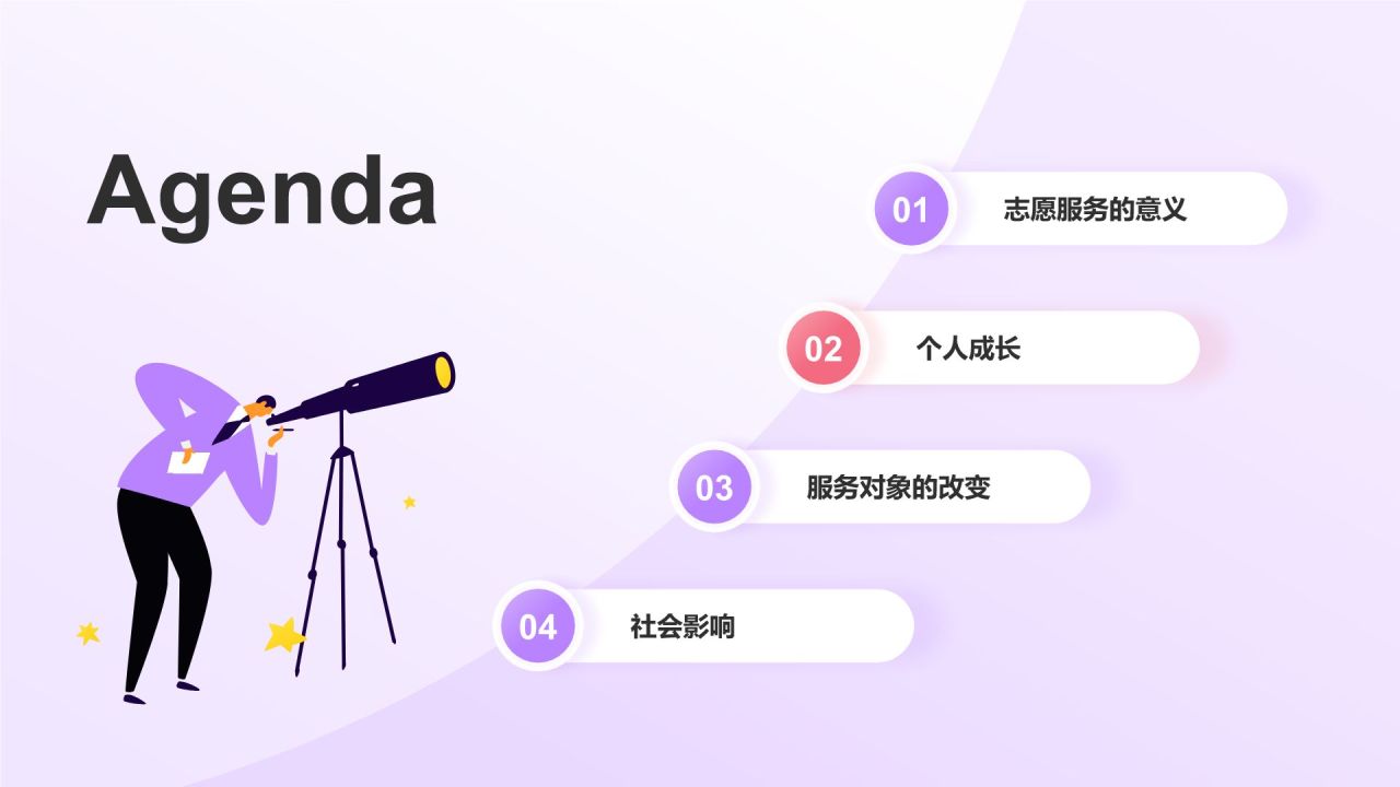 紫色插画风志愿者心得分享PPT模板