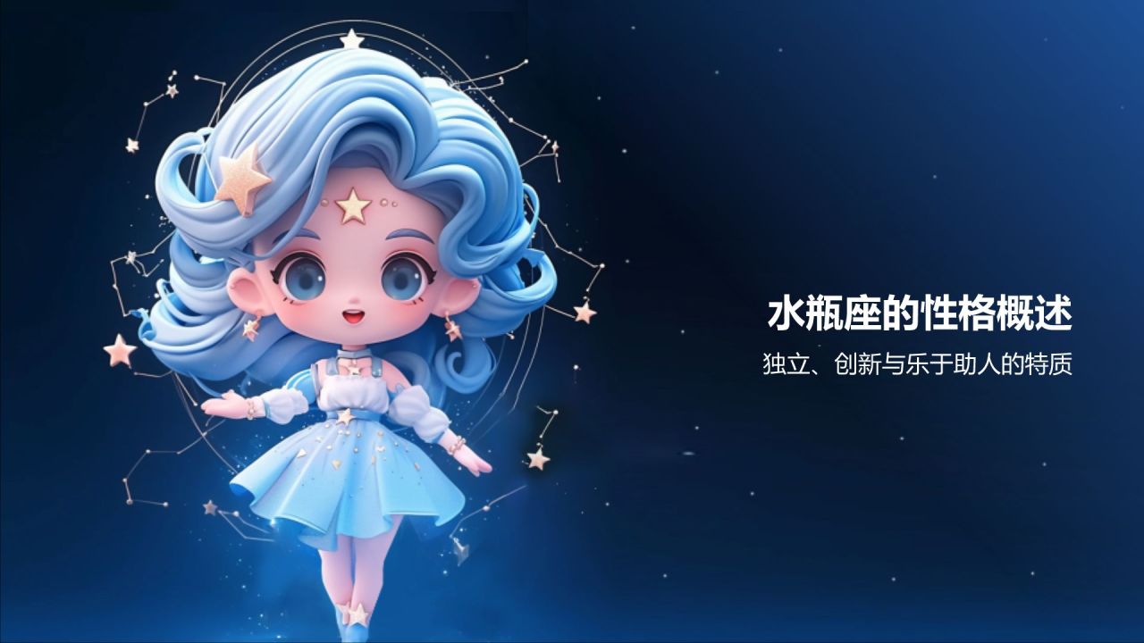 蓝色3D风十二星座之水瓶座性格介绍PPT模板
