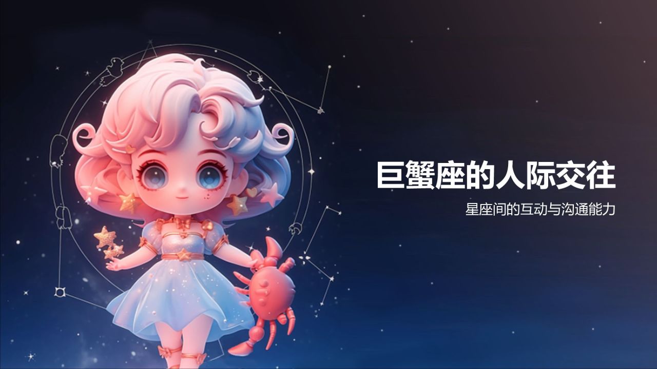 蓝粉色3D风十二星座巨蟹座性格介绍PPT模板