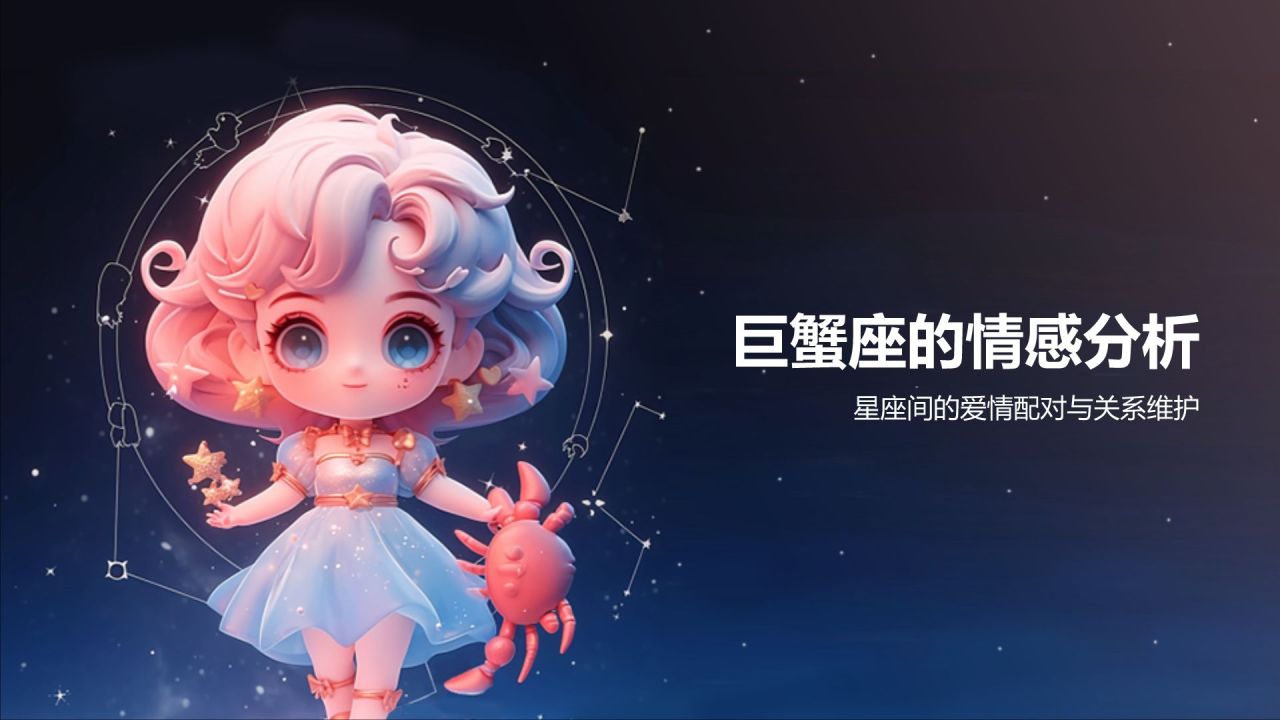 蓝粉色3D风十二星座巨蟹座性格介绍PPT模板