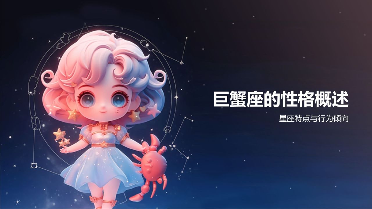 蓝粉色3D风十二星座巨蟹座性格介绍PPT模板