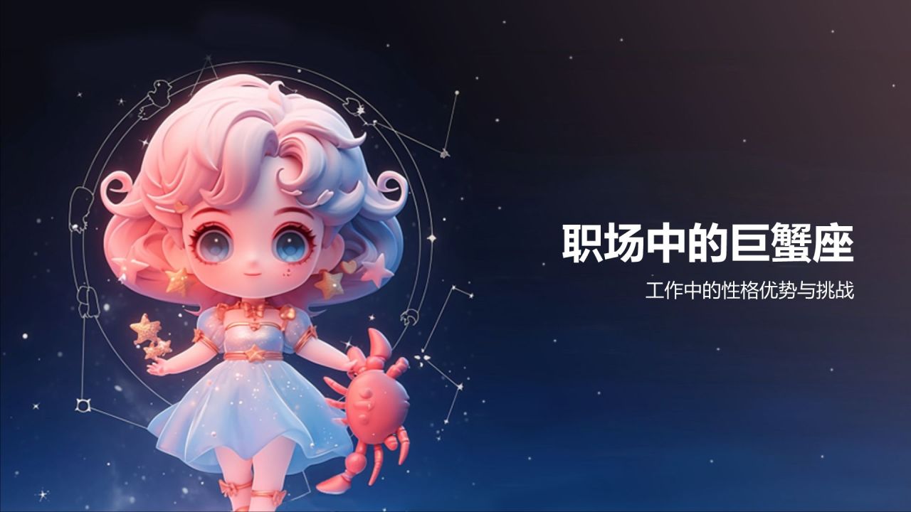 蓝粉色3D风十二星座巨蟹座性格介绍PPT模板