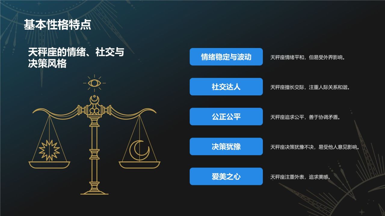 蓝色3D风十二星座之天秤座性格介绍PPT模板