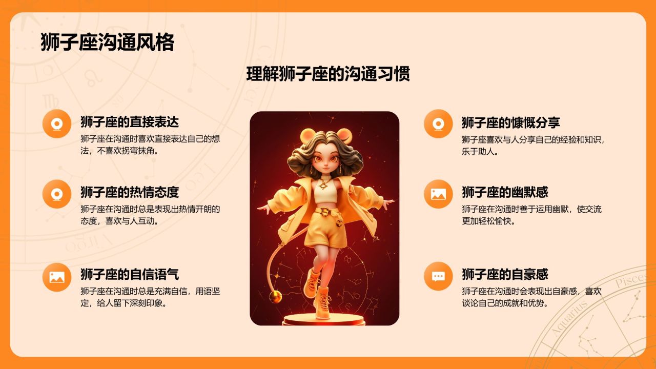 橙色3D风十二星座之狮子座性格介绍PPT模板