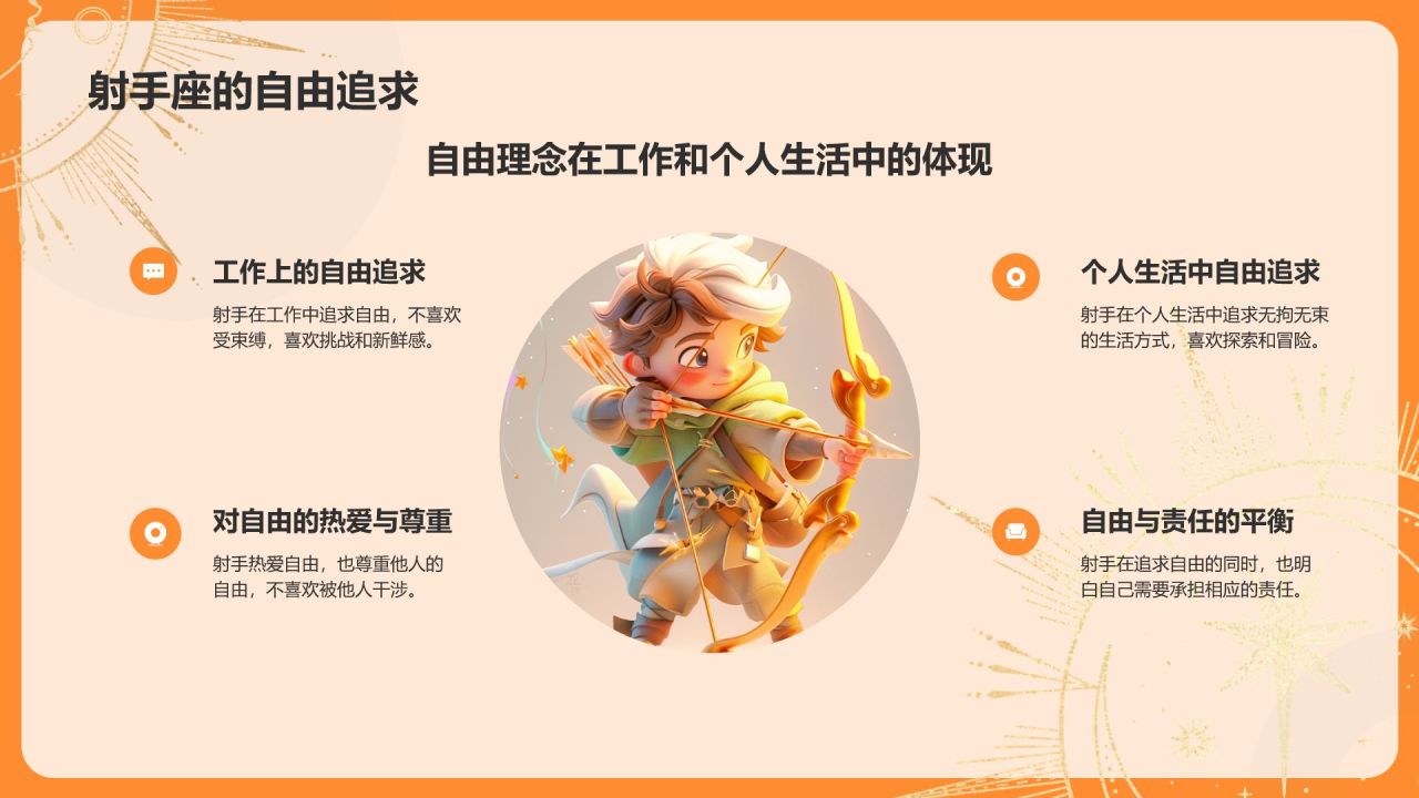 橙色3D风十二星座之射手座性格介绍PPT模板