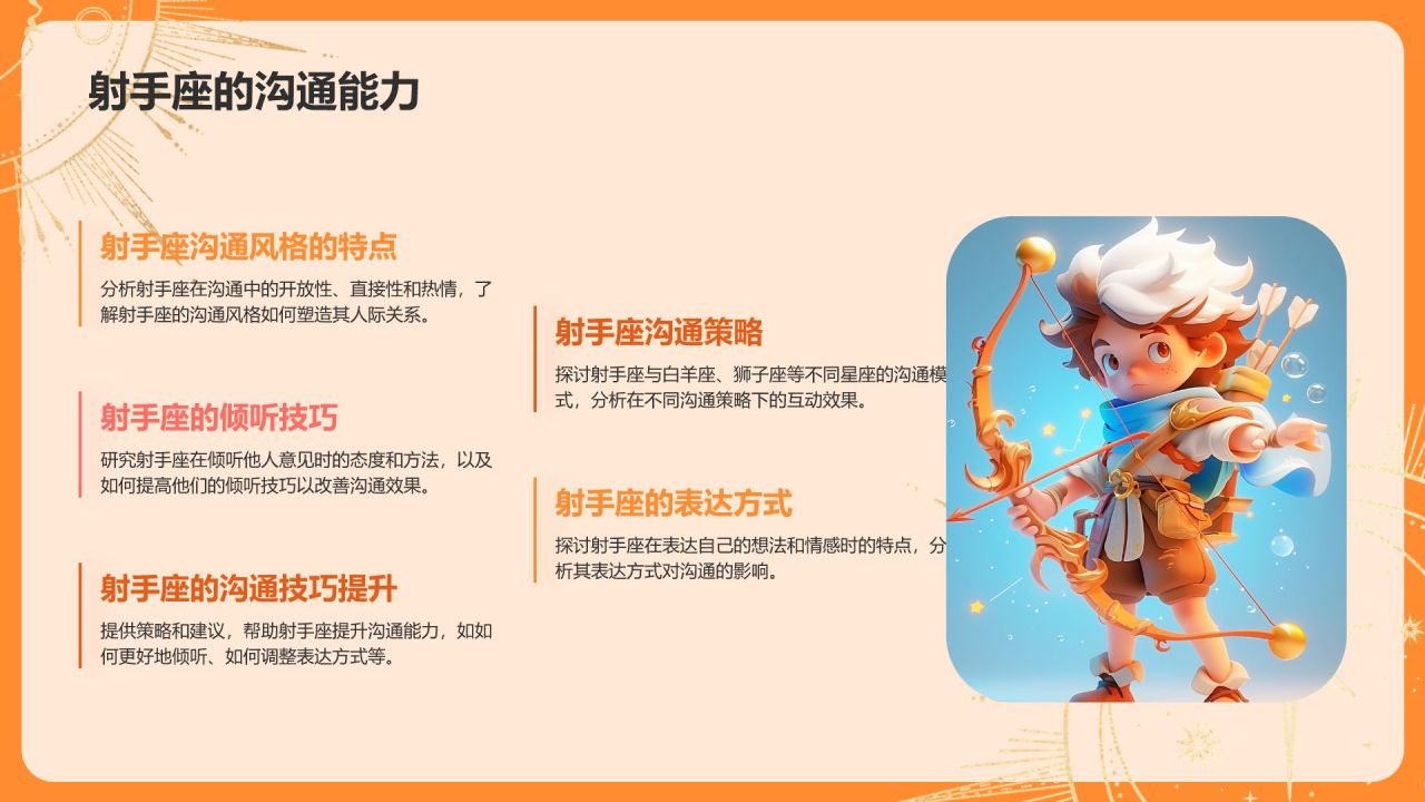 橙色3D风十二星座之射手座性格介绍PPT模板