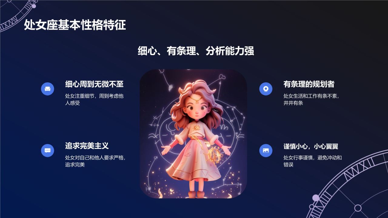 蓝色3D风十二星座之处女座性格介绍PPT模板