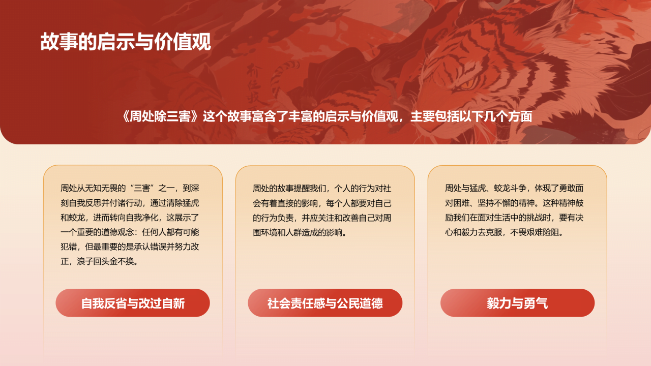 红色国潮风《周处除三害典故》培训课件PPT案例