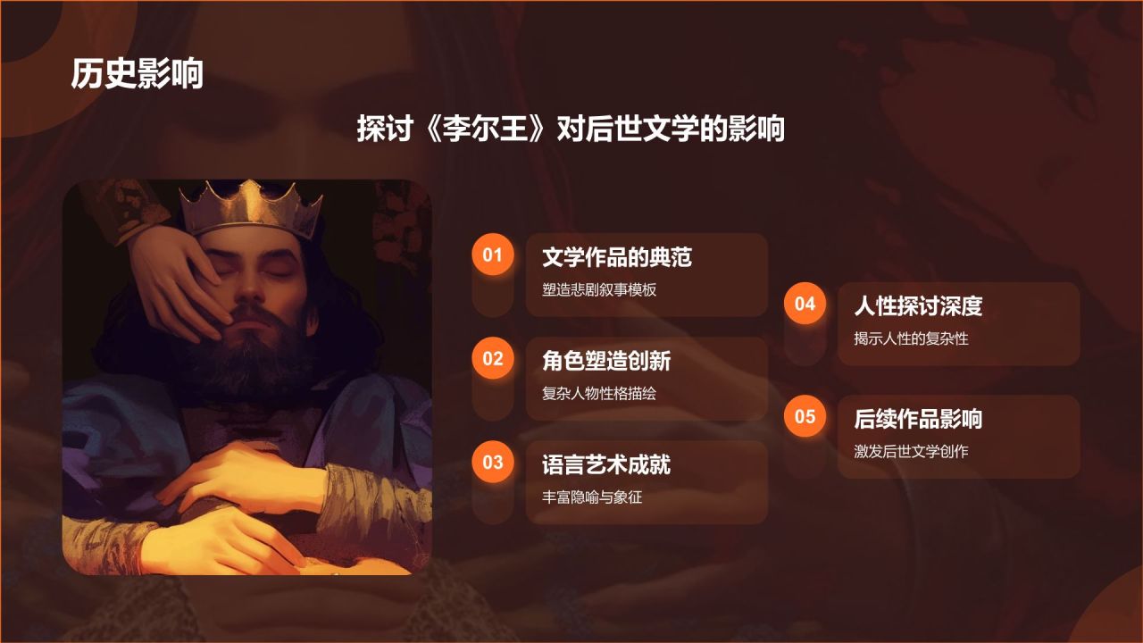 橙色插画风《李尔王》读书笔记PPT模板