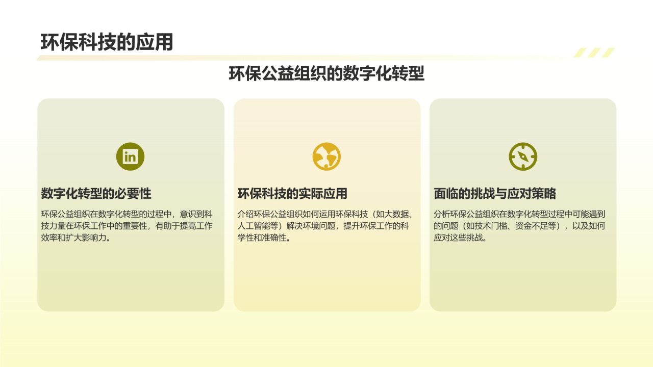 黄色商务风环保公益组织的作用与挑战PPT模板