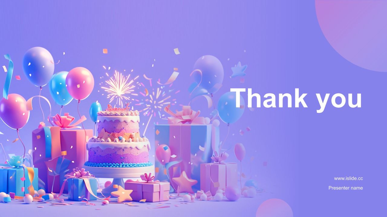 紫色3D风生日派对布置PPT模板