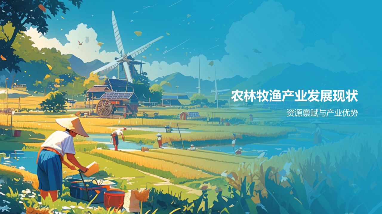 蓝色插画风农林牧渔产业扶贫PPT模板