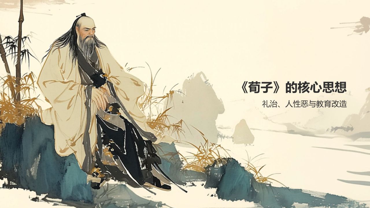 蓝灰色水墨风《荀子》战国 荀子PPT模板