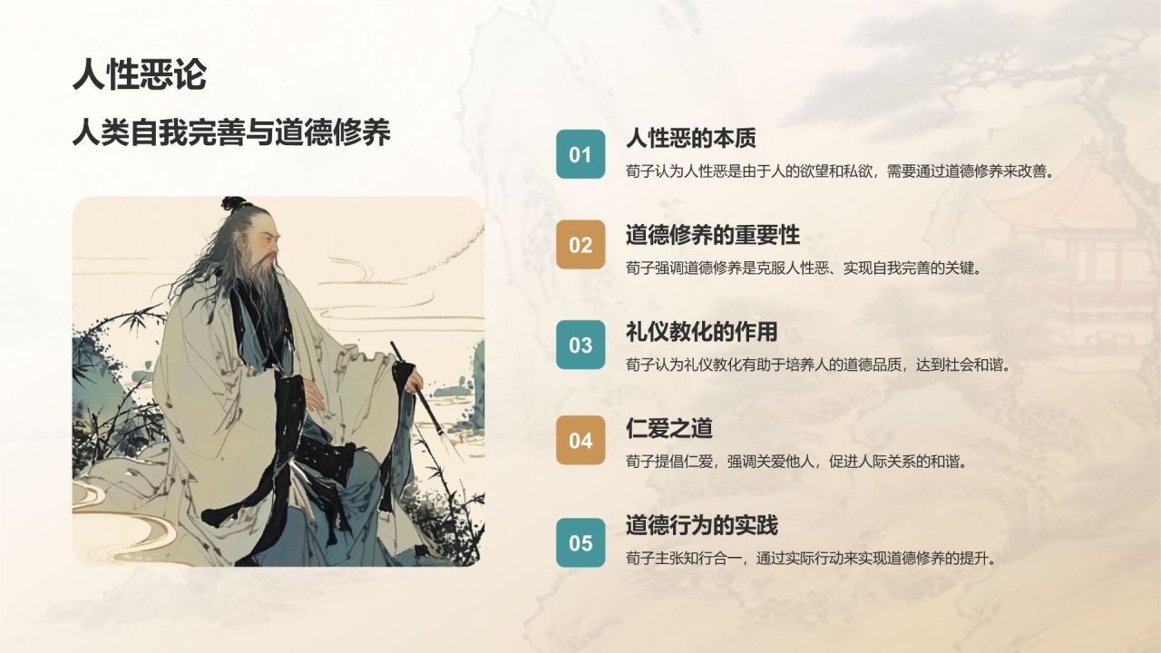 蓝灰色水墨风《荀子》战国 荀子PPT模板