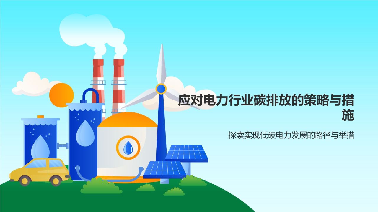 蓝色插画风电力行业碳排放与应对策略PPT模板