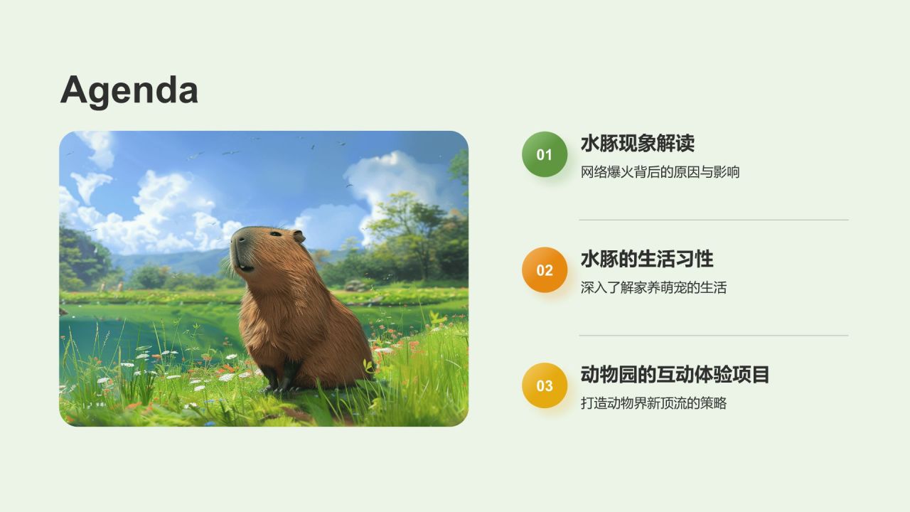 绿色插画风动物界的新顶流卡皮巴拉水豚PPT模板
