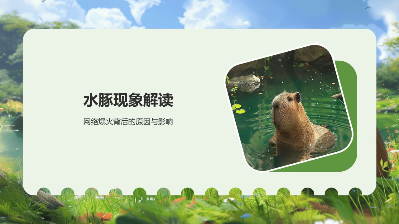 绿色插画风动物界的新顶流卡皮巴拉水豚PPT模板
