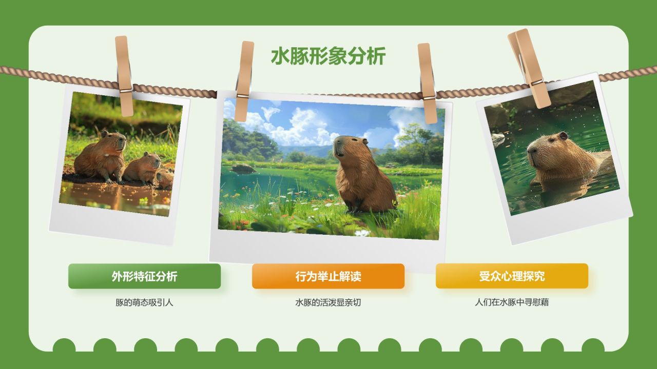 绿色插画风动物界的新顶流卡皮巴拉水豚PPT模板