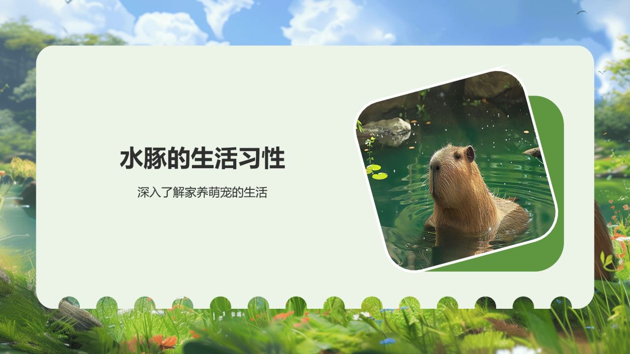 绿色插画风动物界的新顶流卡皮巴拉水豚PPT模板