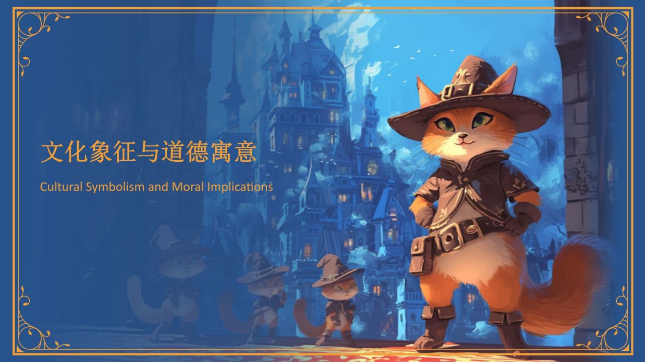 蓝色复古风《穿靴子的猫》童话故事PPT模板