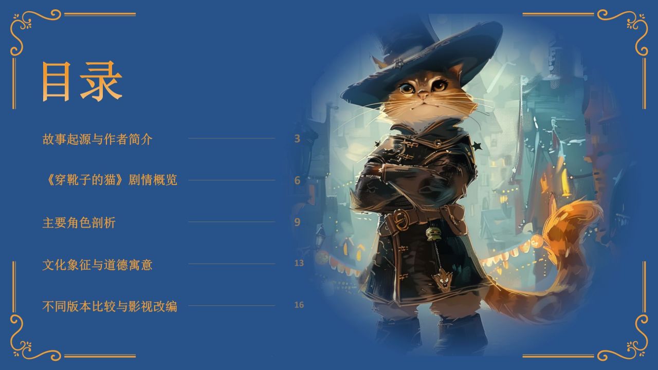 蓝色复古风《穿靴子的猫》童话故事PPT模板