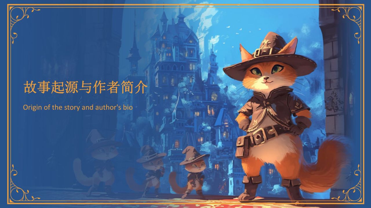 蓝色复古风《穿靴子的猫》童话故事PPT模板