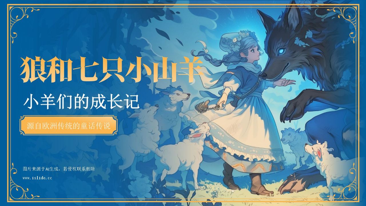 蓝色复古风《 狼和七只小山羊》童话故事PPT模板