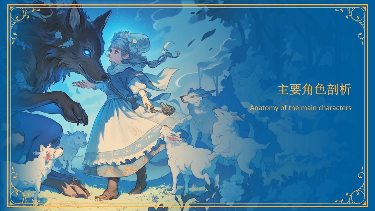 蓝色复古风《 狼和七只小山羊》童话故事PPT模板