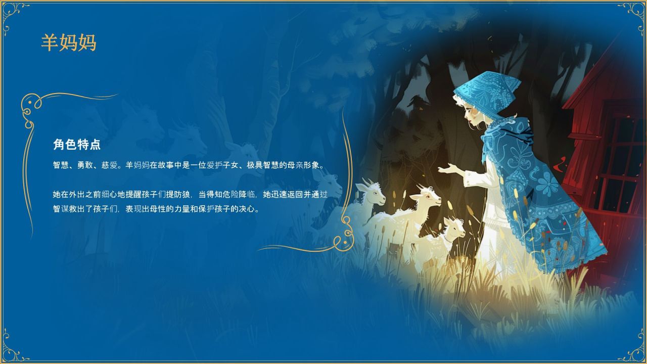 蓝色复古风《 狼和七只小山羊》童话故事PPT模板