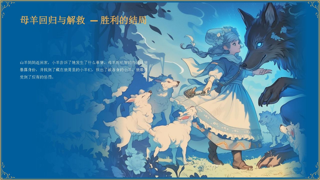 蓝色复古风《 狼和七只小山羊》童话故事PPT模板